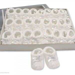 Knitted Baby Booties with Bow- White Knitted Baby Booties with Bow- White